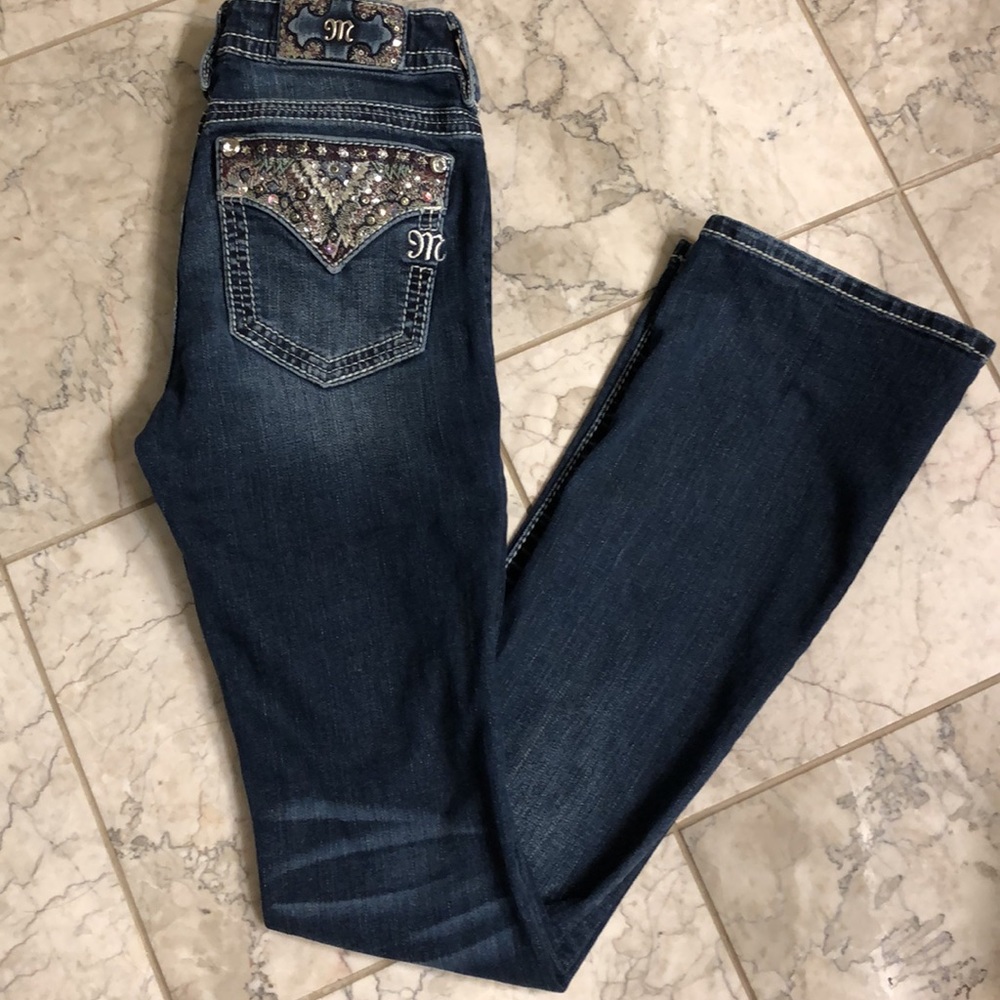 Miss Me Sz 26 bootcut multicolored embellished pocket jeans & logo, see video!